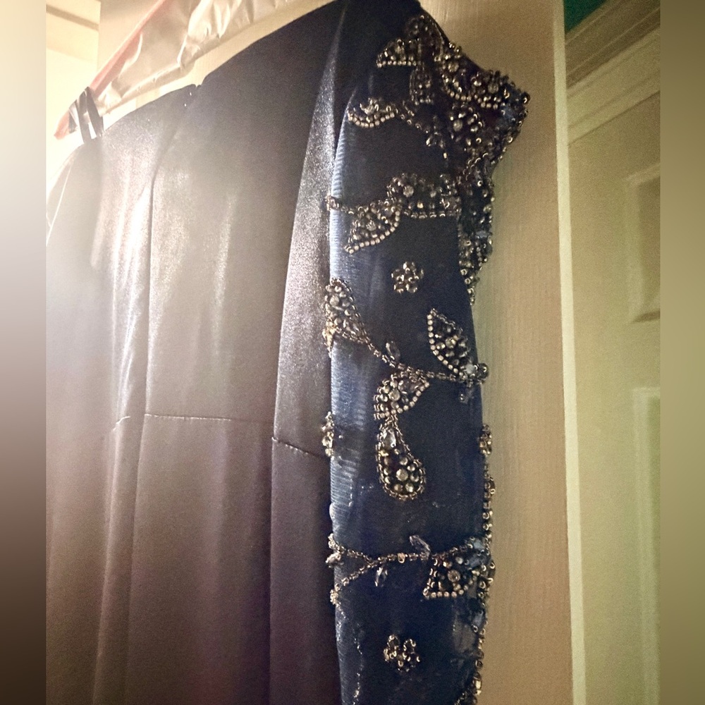 Elegant Marsoni Off-Shoulder Navy Dress with Embellished Sleeves - Picture 5 of 5